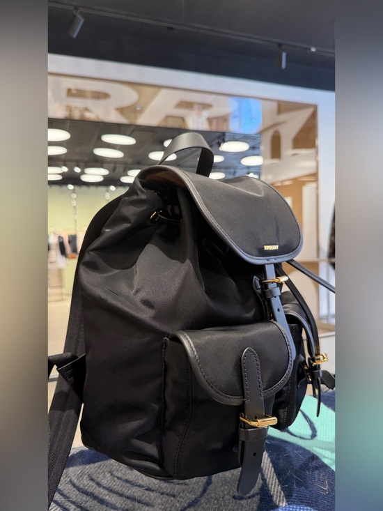 Burberry Black Nylon & Leather Backpack with check print